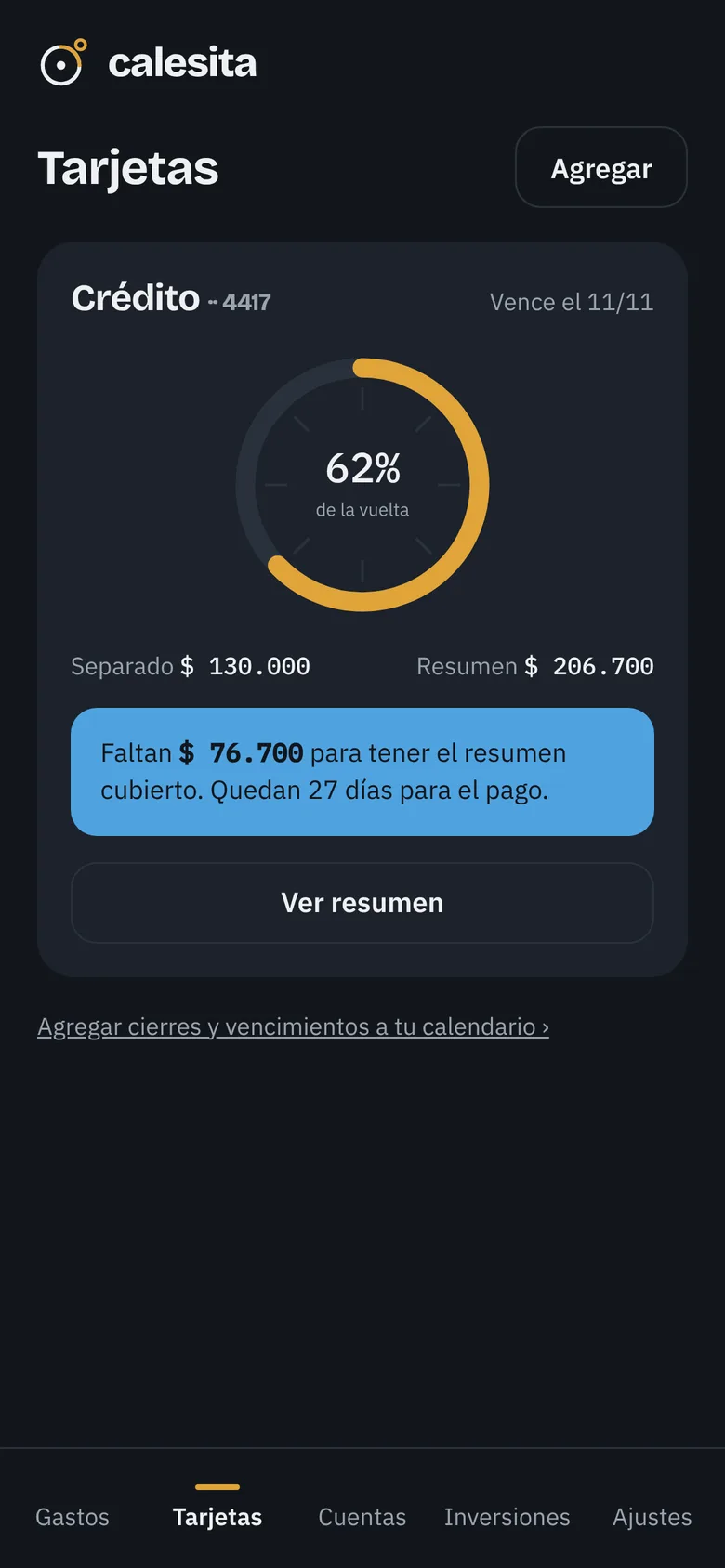 Pantalla Tarjetas con el anillo del resumen y lo que falta para cubrir el pago